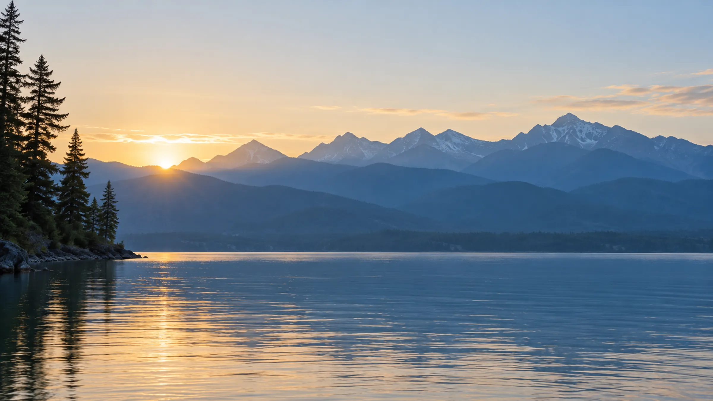 Sunrise over a calm mountain lake with snow on the peaks