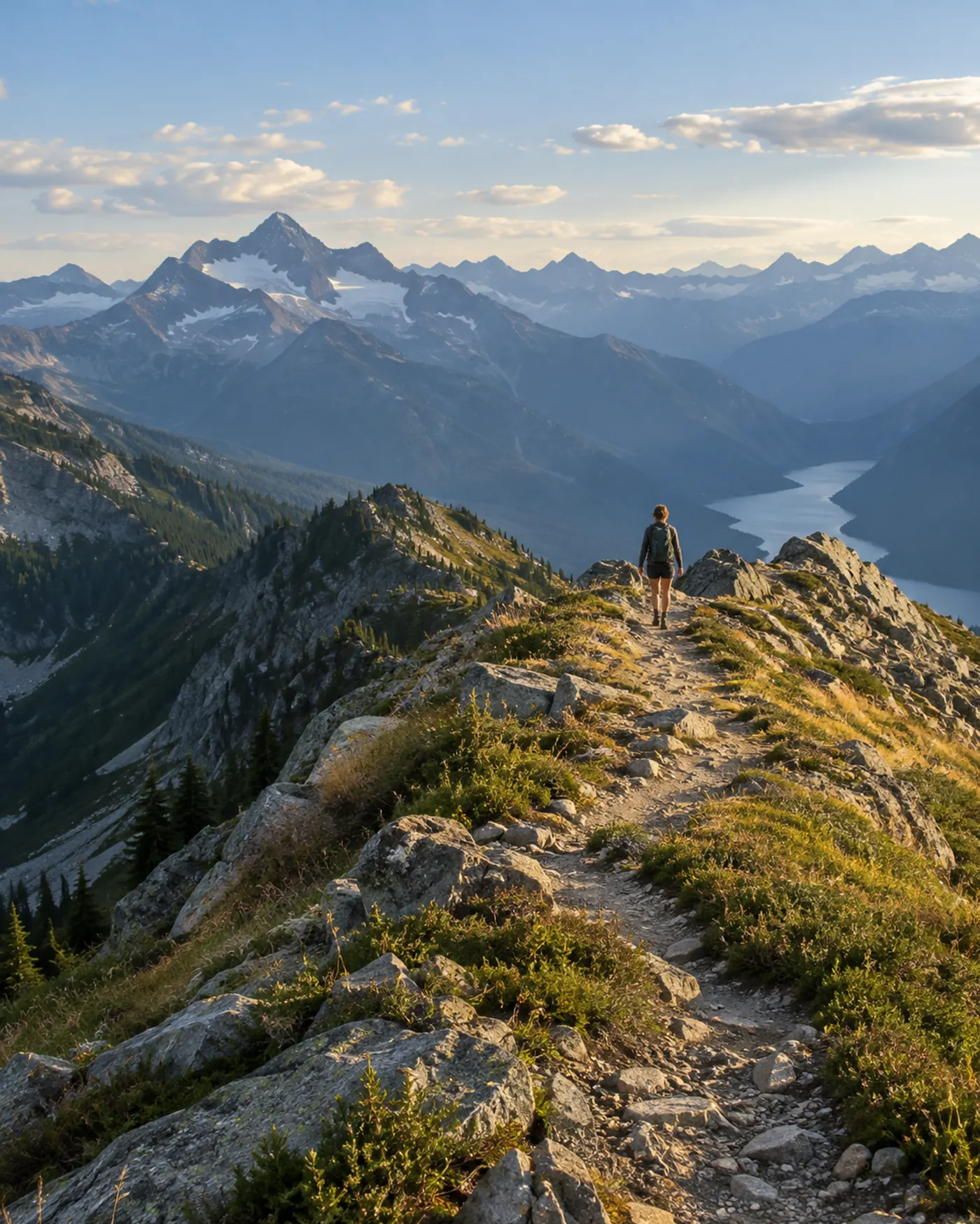 A hiker walking a ridge trail above a mountain lake